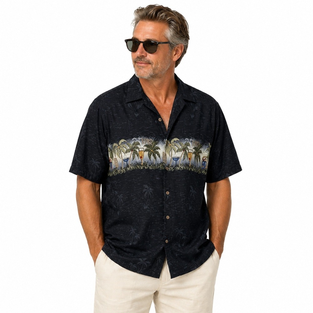 Moda Campia Moda Mens Large Rayon Hawaiian Shirt Black Tropical Cocktail